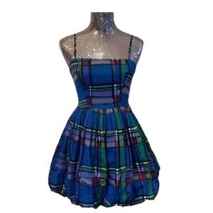 BLUE PLAID BUBBLE BABY DOLL DRESS (0938)